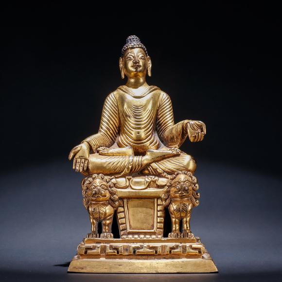 铜鎏金狮座佛造像