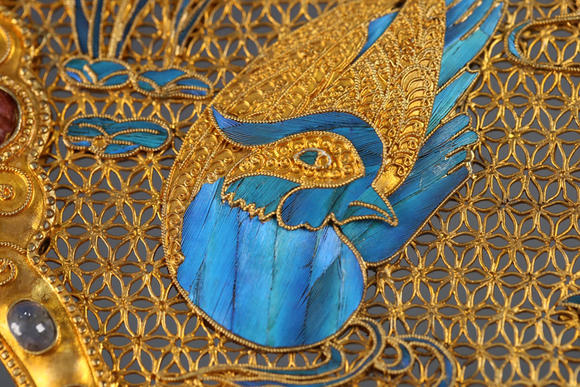 filigree mandarin ducks fan 清代 银鎏金花丝点翠"鸳鸯戏水"扇子一