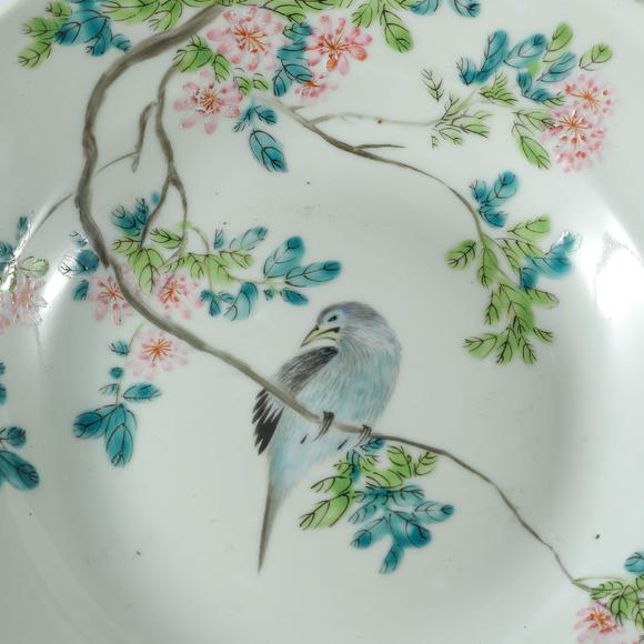 民国汪友业浅绛彩花鸟纹盘