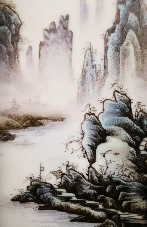 张志汤粉彩山水纹瓷板画四条屏4chinesefamilleroselandscape