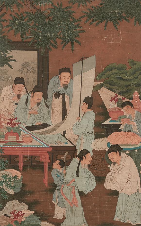 佚名文会图立轴设色绢本