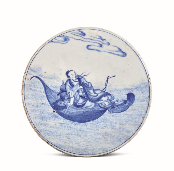 明代青花仙人乘槎图瓷板