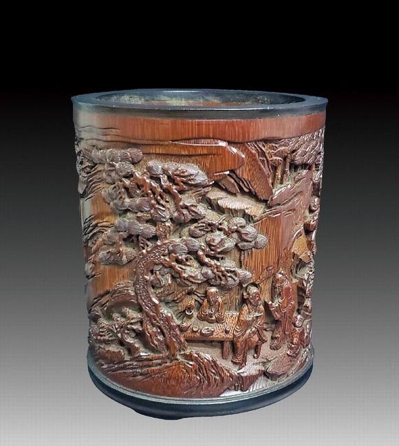 清王云刻竹雕西园雅集笔筒