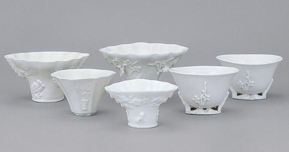 香港华辉明 德化白瓷贴花题诗杯 一组六件