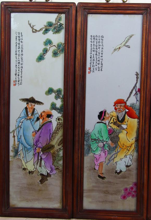 王大凡粉彩人物瓷板画四条屏4chinesefamillerosefigureporcelain