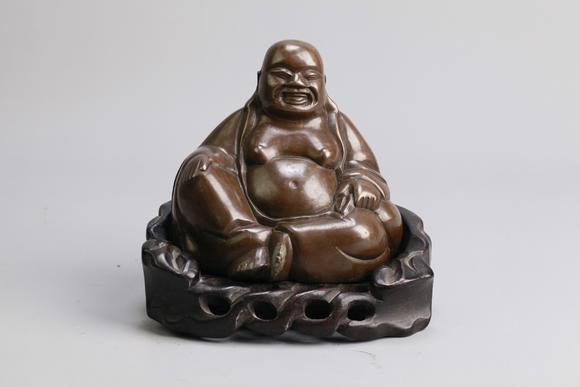 民国铜弥勒佛带原木底座